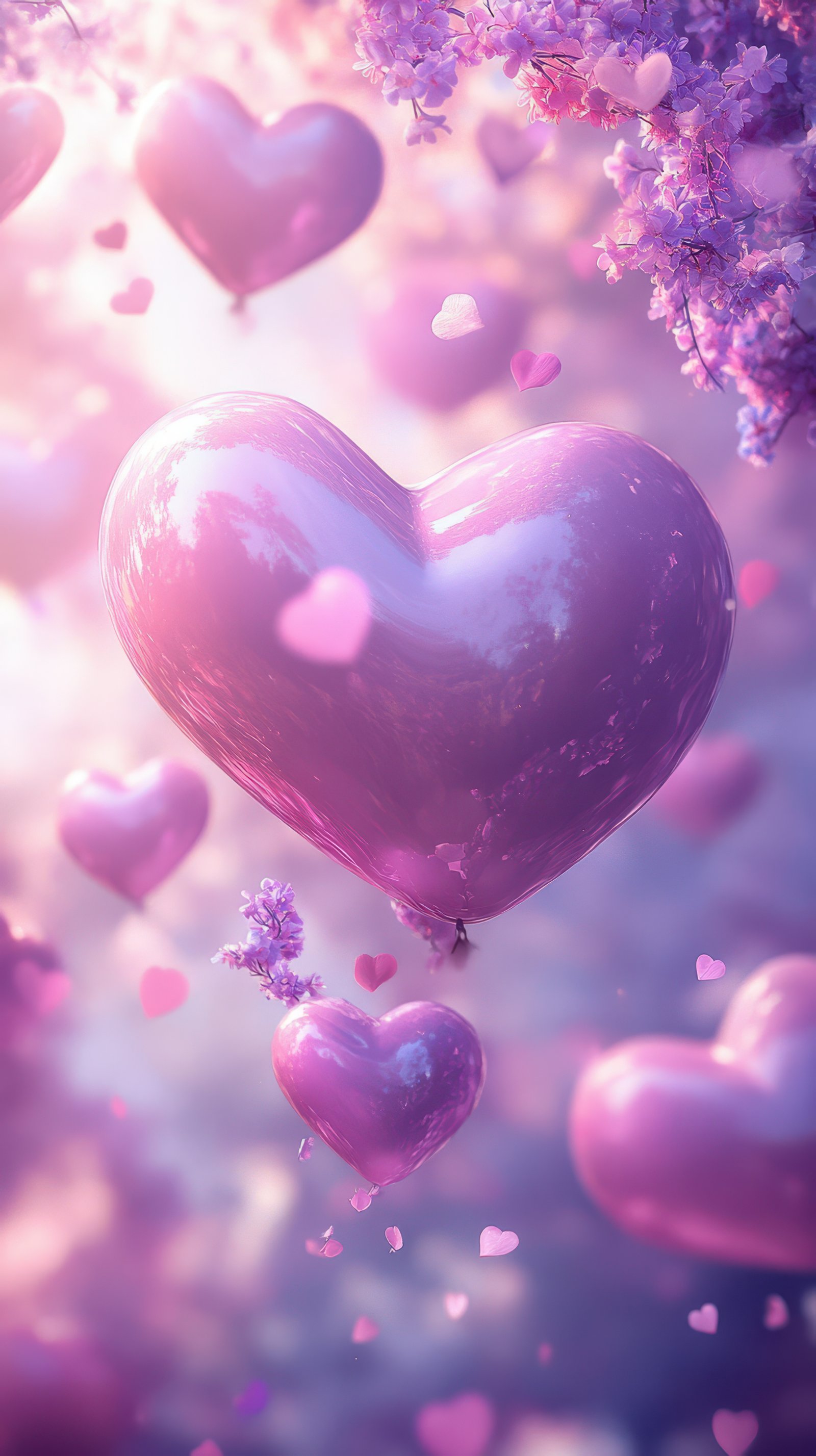 Colorful heart balloons floating among pastel flowers in a dreamy sky at dusk